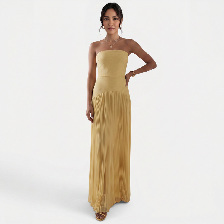 Vestido largo plisado de mujer, versátil para eventos de verano, bodas o un look casual chic.