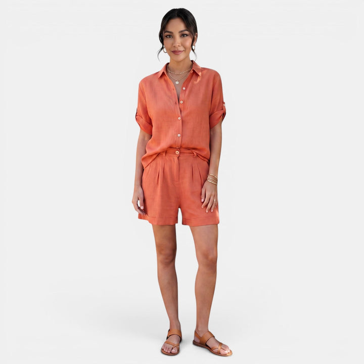 Camisa de mujer de lino y algodón, manga media, conjunto ideal para primavera, casual y fresco.