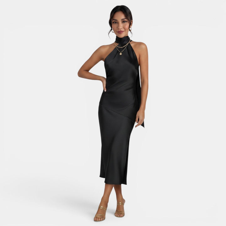Vestido elegante de fiesta para mujer, color negro. Sofisticado y sensual, perfecto para eventos formales.
