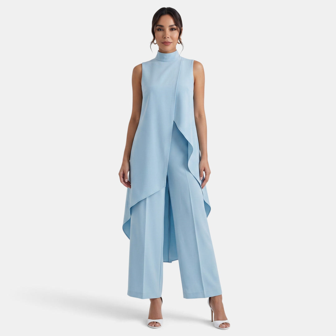 Conjunto asimétrico mujer: cuello alto y pantalón palazzo. Estilo moderno para ropa formal de oficina y eventos.
