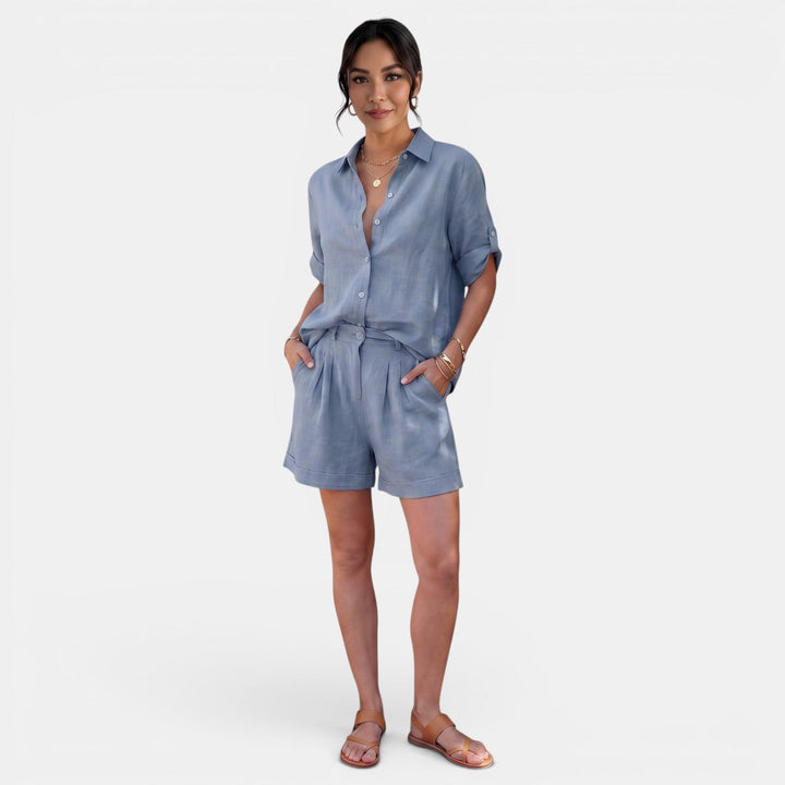 Conjunto casual de mujer en lino y algodón, camisa de manga media, perfecto para el verano.