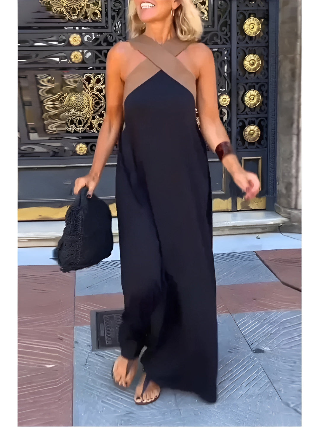 Vestido largo de verano para mujer, escote cruzado, estilo fluido y hombros descubiertos.