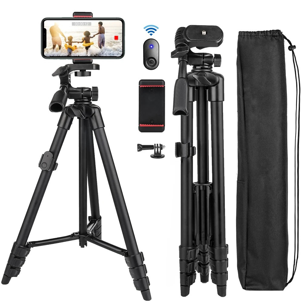 Trípode 3 en 1 extensible para teléfono, bastón selfie y soporte móvil. Incluye control Bluetooth para fotografía.
