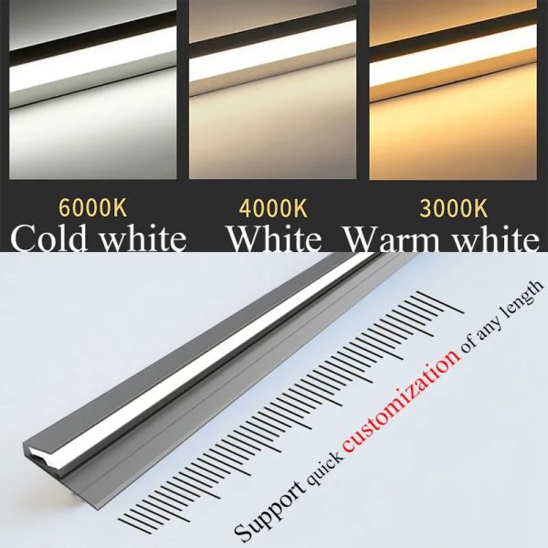 Tira LED moderna 45°, luz oculta ultra fina para mobiliario. Iluminación elegante de armarios.