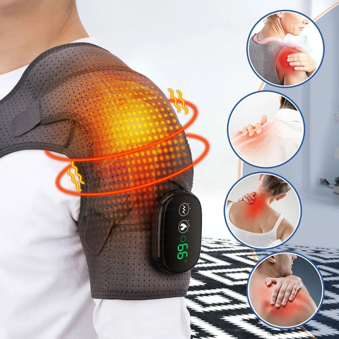 Masajeador de hombros portátil con intensidad de vibración y calor regulable.