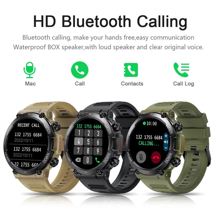 Vista frontal del Smartwatch táctico FortisX, diseño resistente para hombre y uso diario.