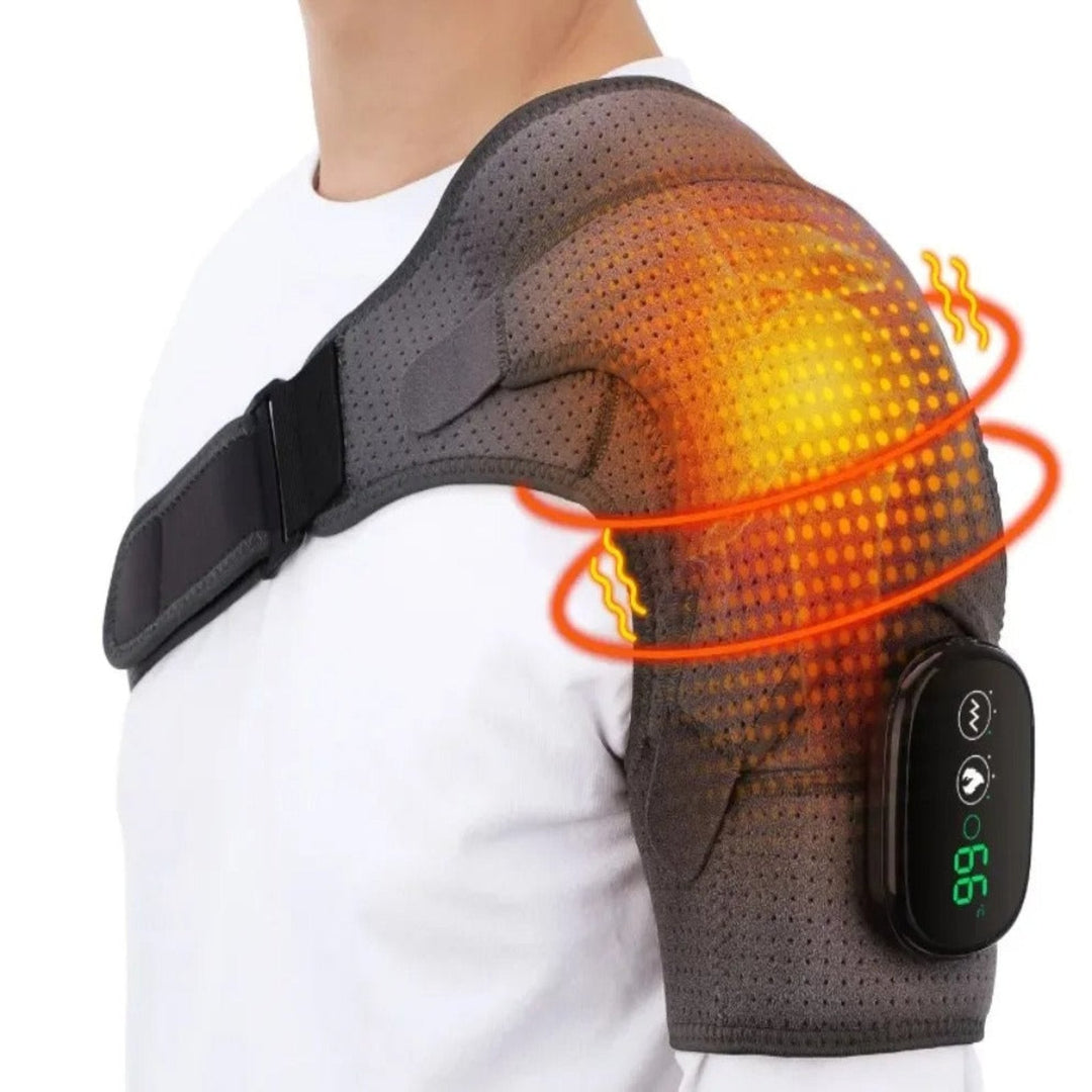 Dispositivo portátil para terapia de dolor de hombros con masaje y calor.