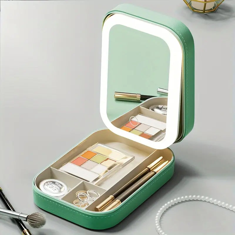 Neceser de maquillaje LED compacto. Espejo iluminado portátil para cosméticos de belleza y viaje.