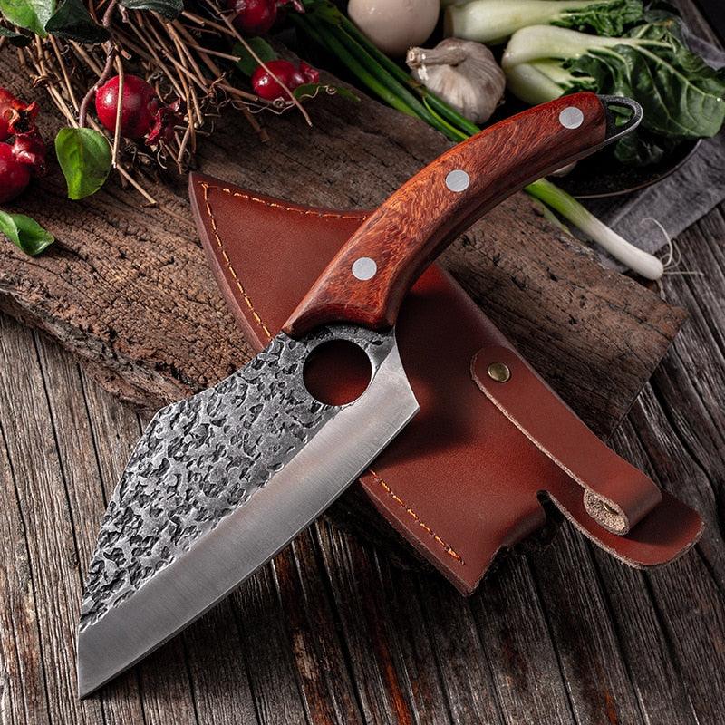 Cuchillo de carnicero profesional, hachuela de acero inoxidable para cortar y picar. Mango ergonómico marrón.