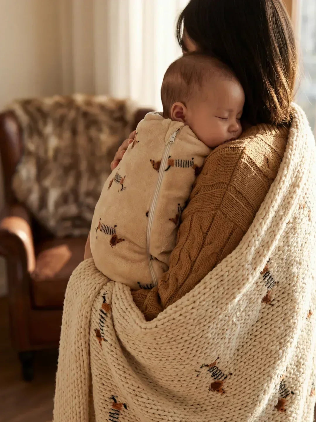 Saco polar infantil de teckels beige, ideal para sueño seguro en invierno con forro polar.