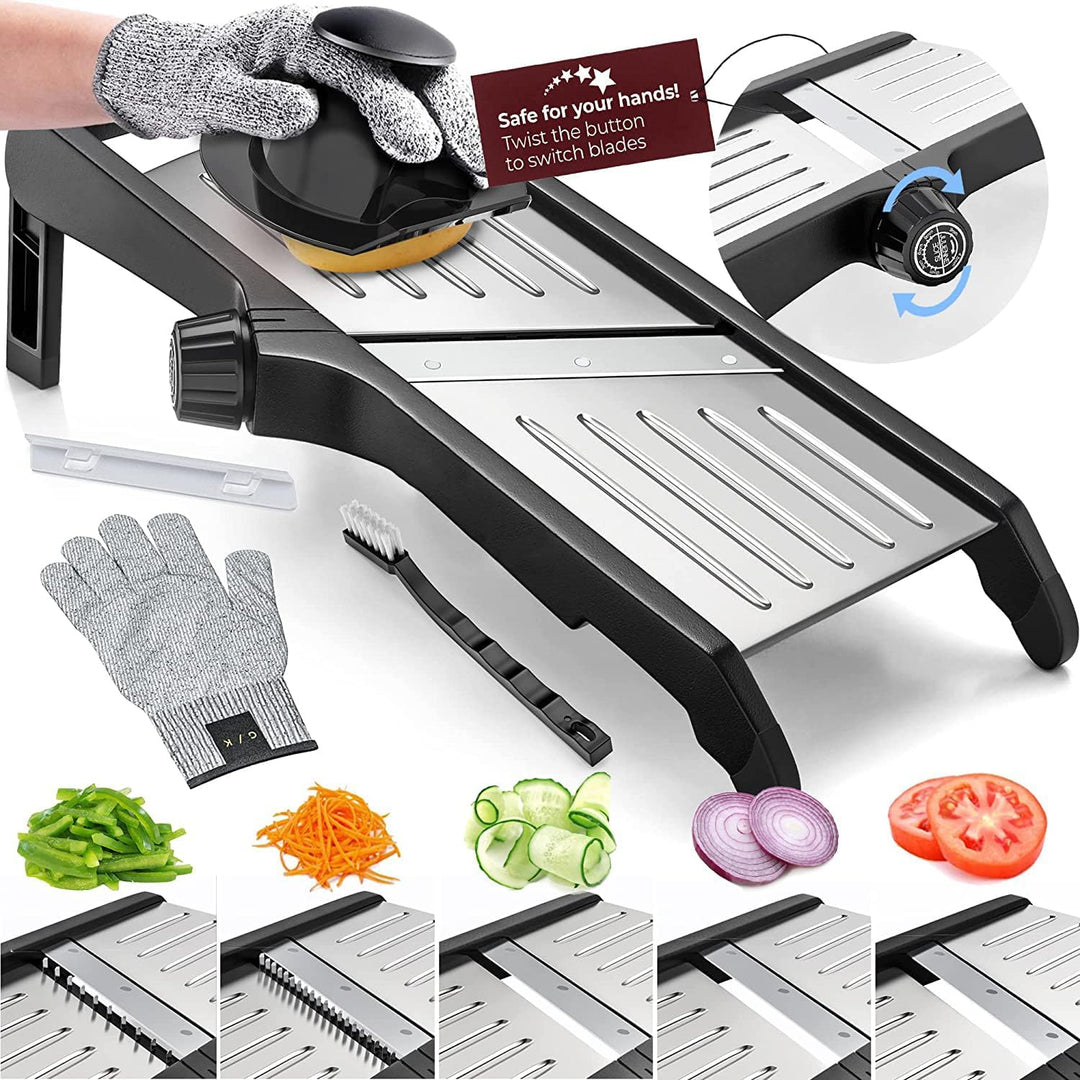 Rebanador de frutas y verduras con esta mandolina de cocina ajustable, protege tus manos con guantes.