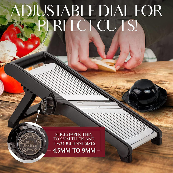 Utensilio de cocina: mandolina de acero inoxidable, rebanador de verduras duradero, con guantes de seguridad.