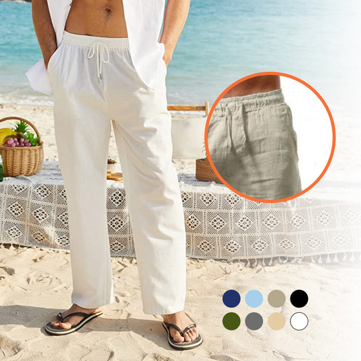 Pantalones de lino transpirables para hombre. Confort casual y estilo relajado, ideales para el verano.