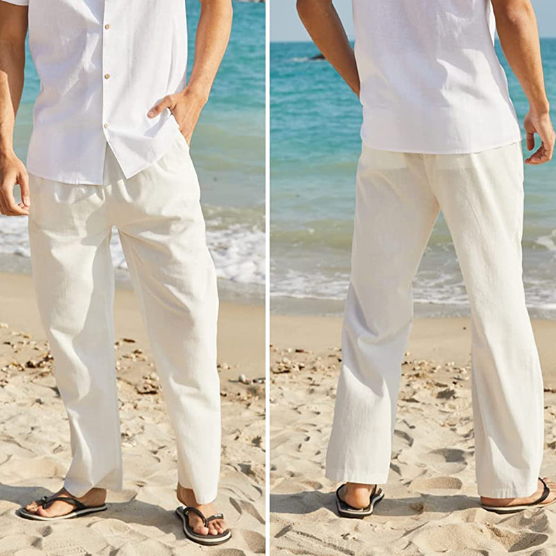 Pantalones de lino para hombre, vista frontal. Estilo casual de verano, transpirables y con gran comodidad.