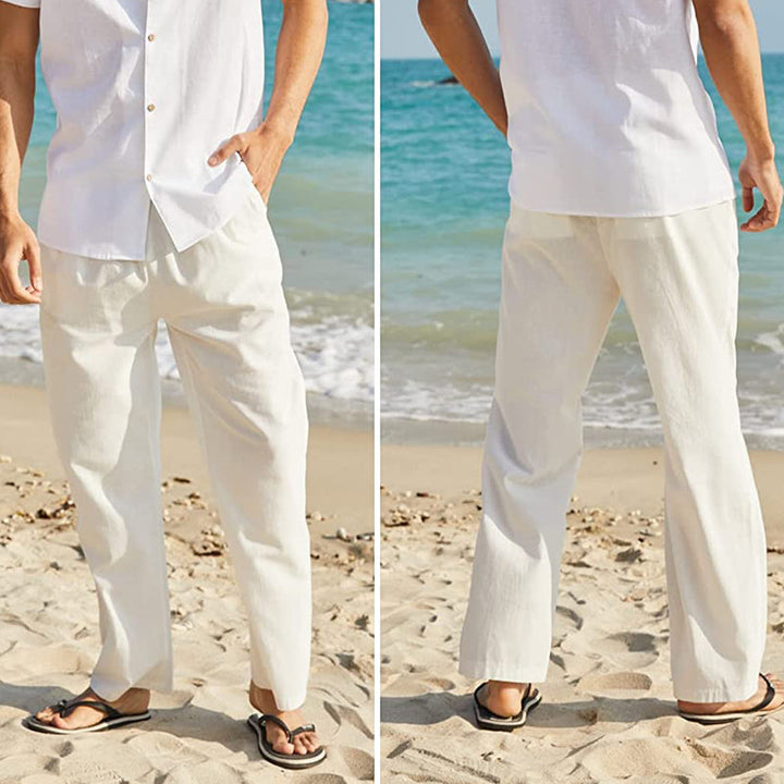 Pantalones de lino para hombre, vista frontal. Estilo casual de verano, transpirables y con gran comodidad.