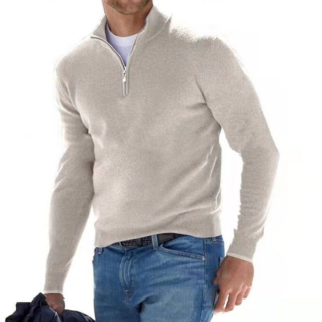 Suéter casual hombre de media cremallera y manga larga, tejido de punto suave para comodidad diaria.