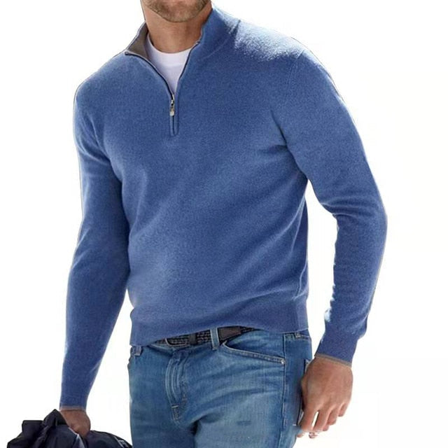 Suéter masculino con media cremallera, estilo casual y tejido de punto. Perfecto para comodidad y estilo.