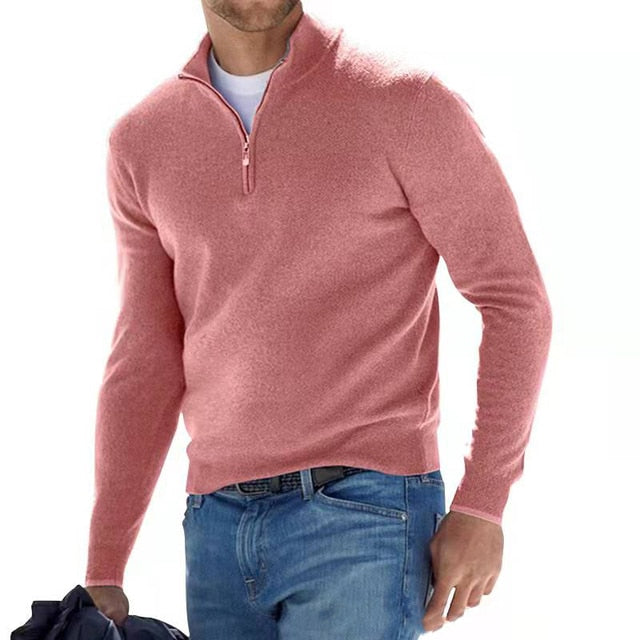 Suéter casual de punto para hombre, con cuello de media cremallera y manga larga, estilo masculino.