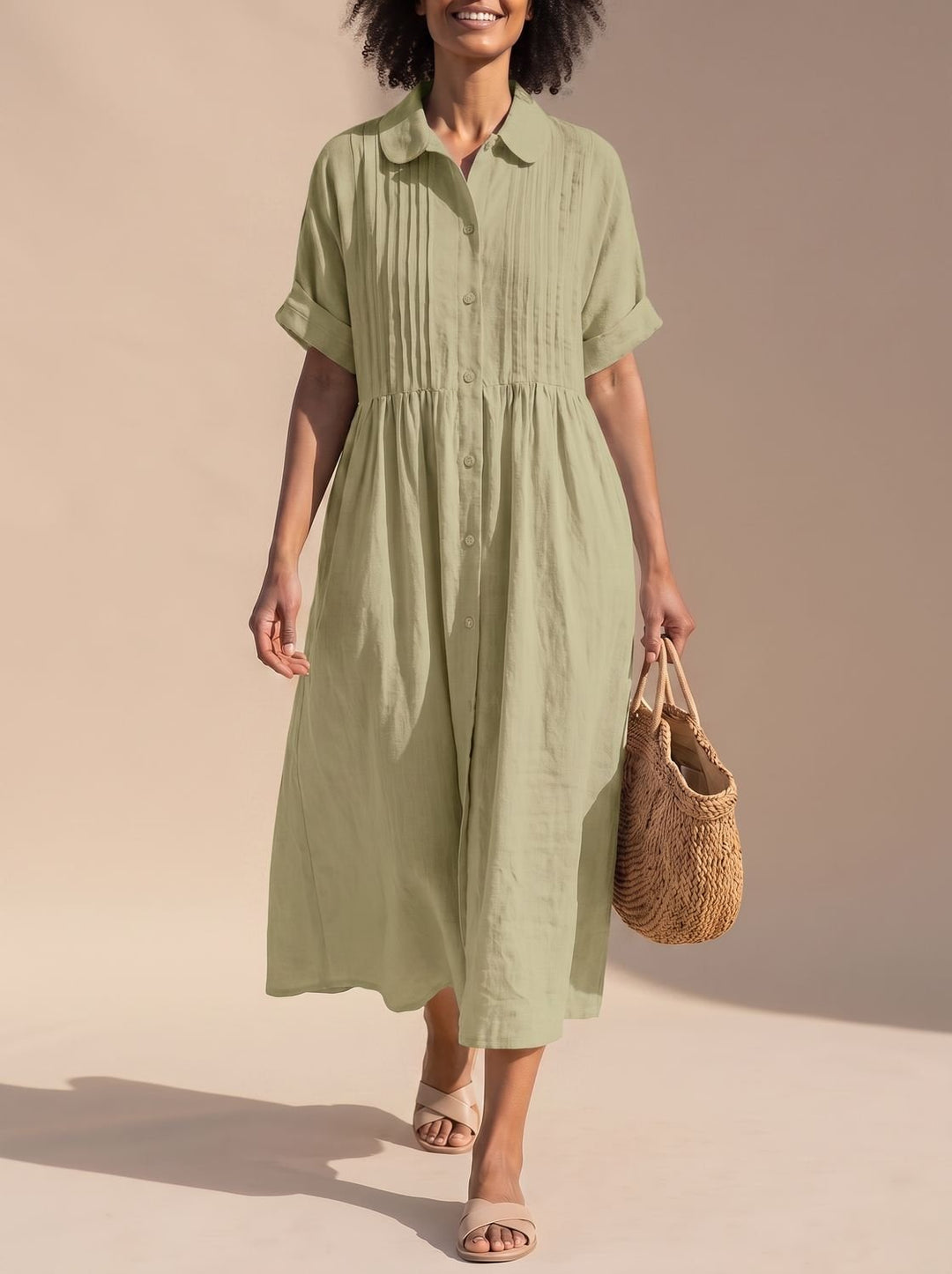 Vestido de algodón fresco y casual para mujer, diseño camisero midi con botones, ideal para playa y verano.
