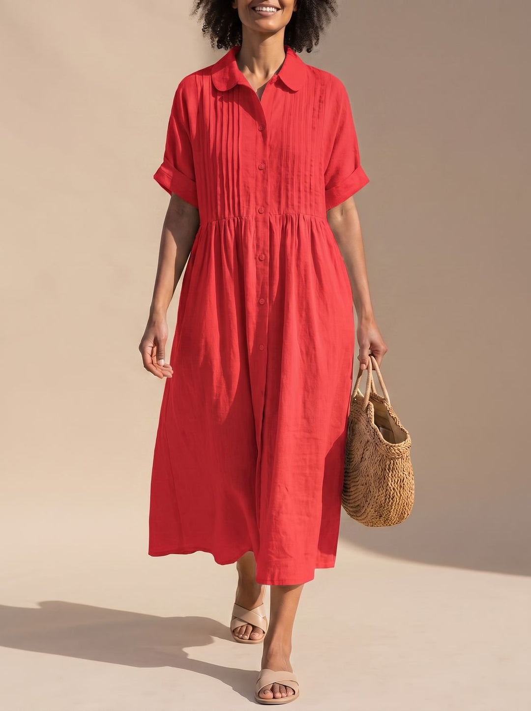 Vestido camisero midi de algodón versátil para mujer, casual, cómodo, fresco, ideal para el verano.