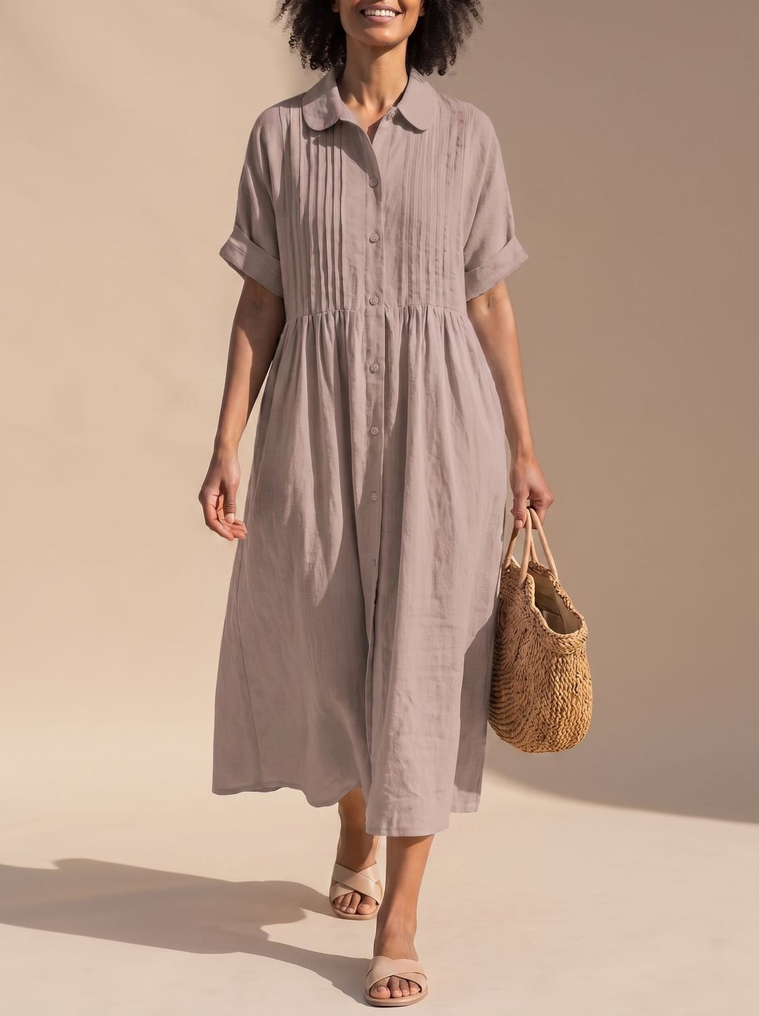 Cómodo vestido camisero midi de algodón para mujer, fresco y casual, ideal para la playa en verano.