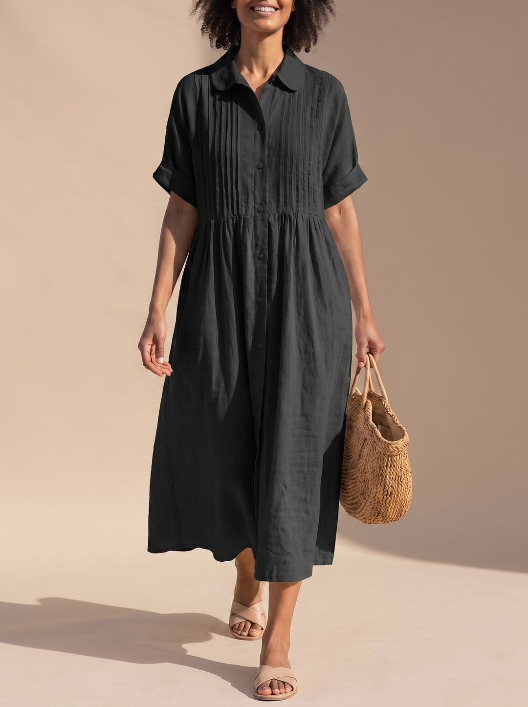 Vestido midi camisero de algodón para mujer, casual, fresco, con botones, perfecto para días de verano.