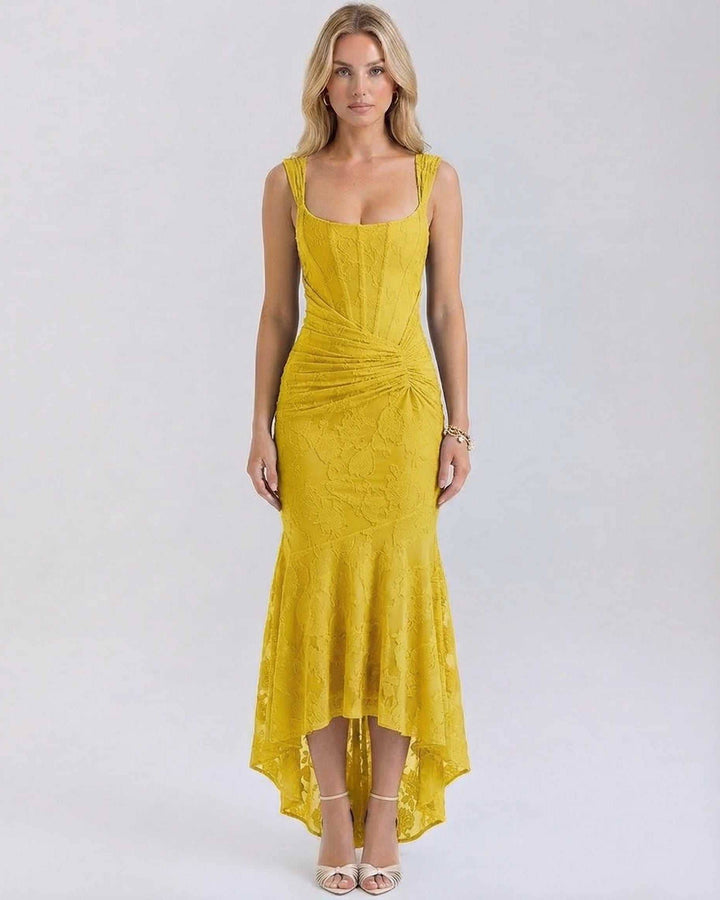 Vestido maxi jacquard amarillo vibrante para mujer, cuello cuadrado, perfecto para verano y eventos elegantes.
