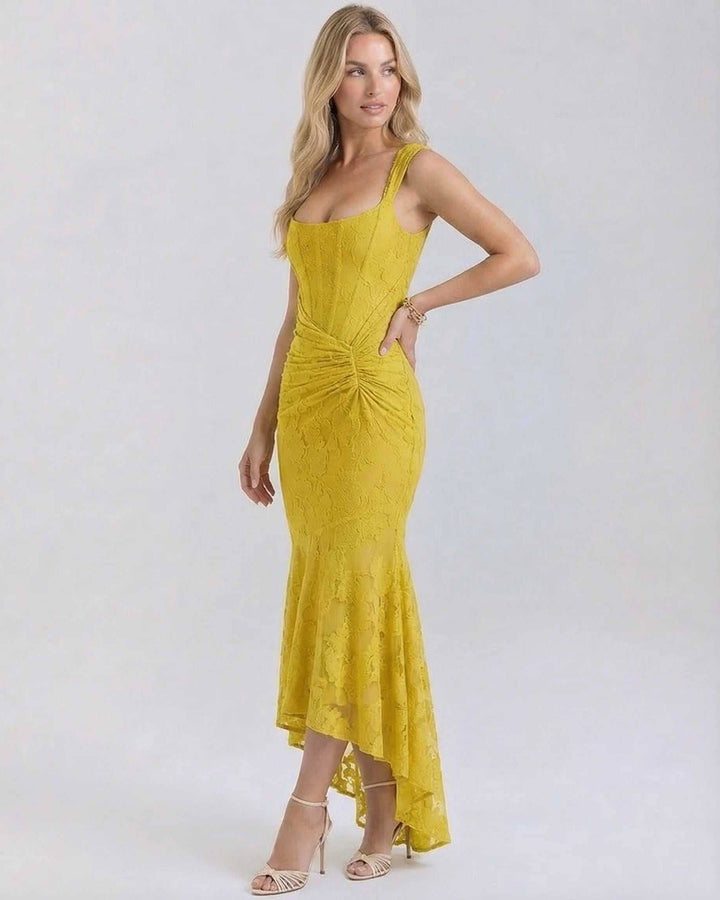 Vestido largo jacquard amarillo para mujer, tejido elegante, perfecto para eventos formales y moda de verano.