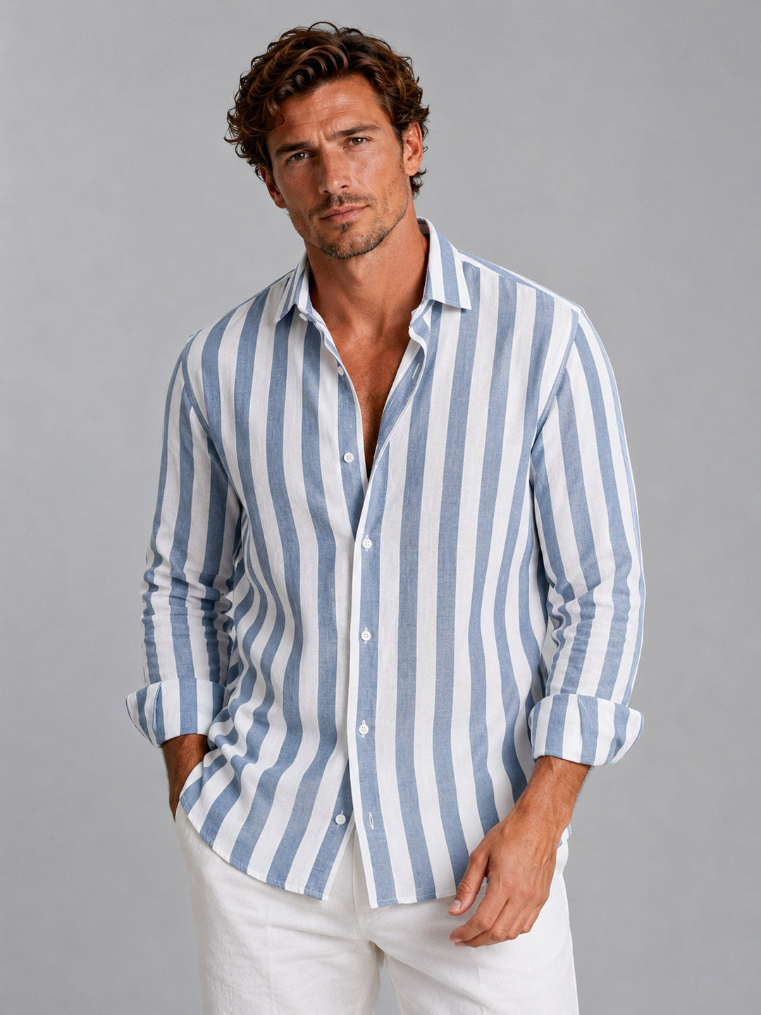 Camisa de lino de manga larga a rayas para hombre. Diseño casual y cómodo, perfecto para días cálidos.
