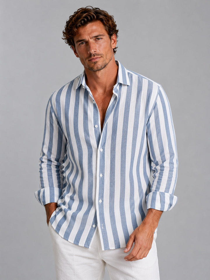 Camisa de lino de manga larga a rayas para hombre. Diseño casual y cómodo, perfecto para días cálidos.