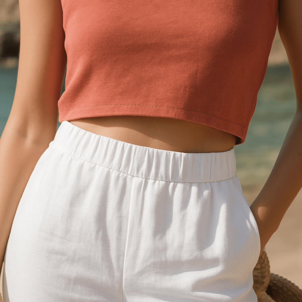 Mujer con pantalones de lino frescos y cómodos, perfectos para un outfit casual de verano.