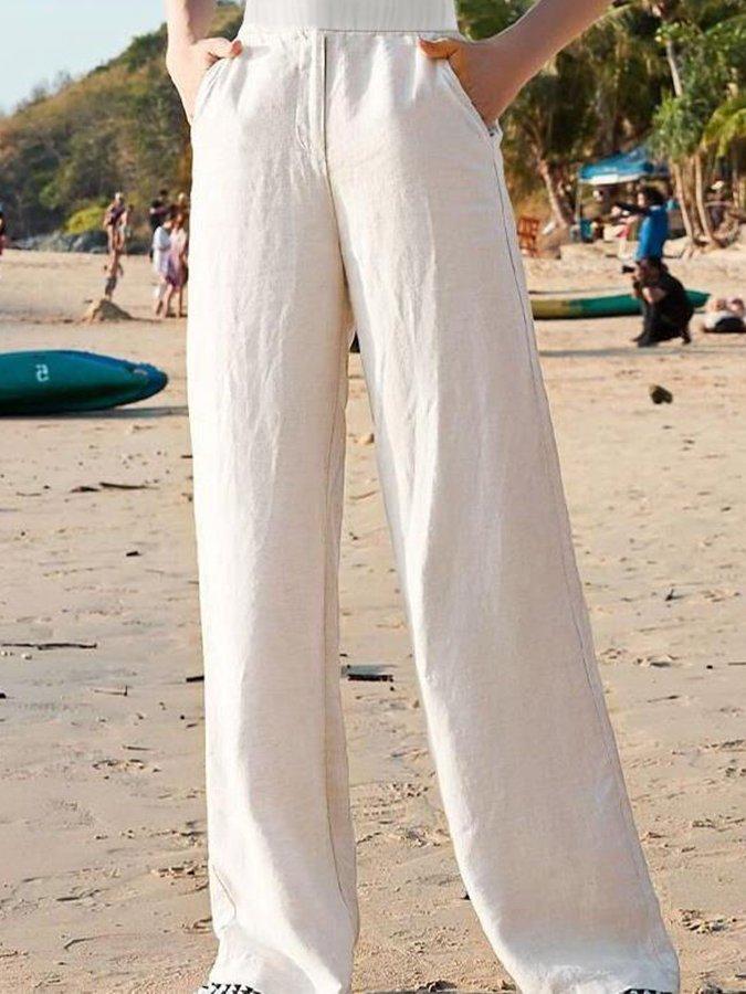 Pantalones de lino de mujer, diseño elegante y transpirable, perfectos para el estilo veraniego de playa.