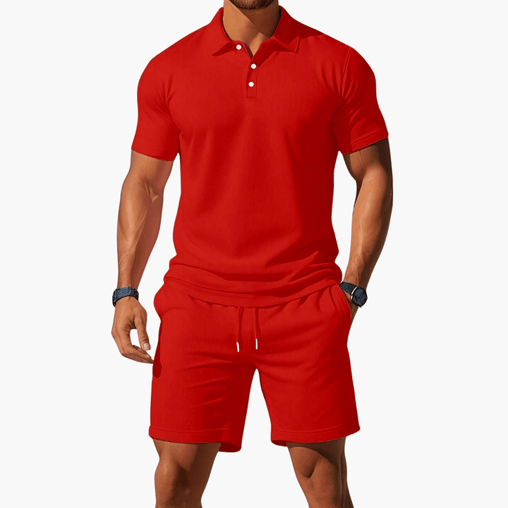 Conjunto de verano para hombre, incluye polo transpirable y shorts cómodos para la playa.