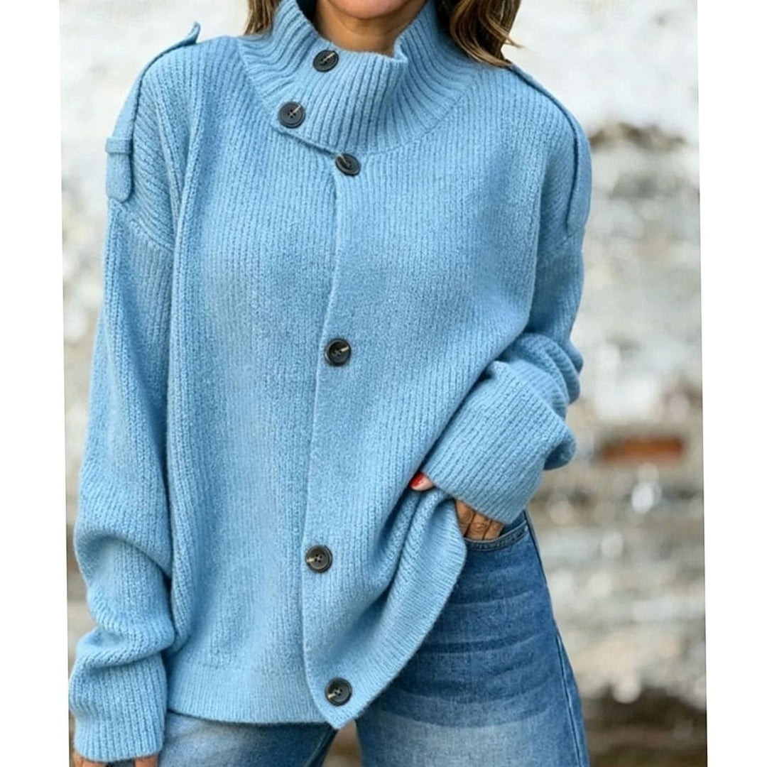 Abrigo cárdigan de punto canalé oversize con cuello alto para mujer, versátil para la moda de invierno.