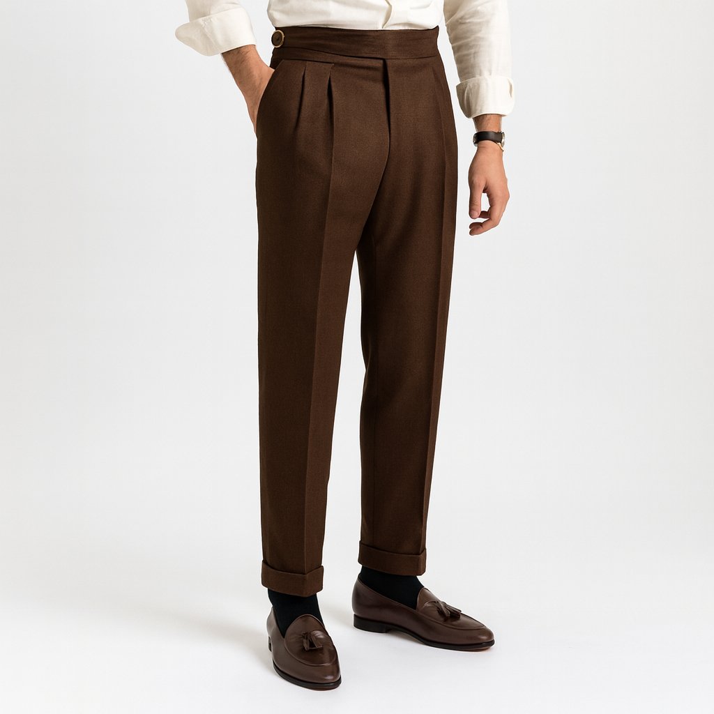 Pantalón de hombre con cordón de ajuste y pliegues delanteros. Diseño de pierna recta que ofrece un look moderno y versátil.