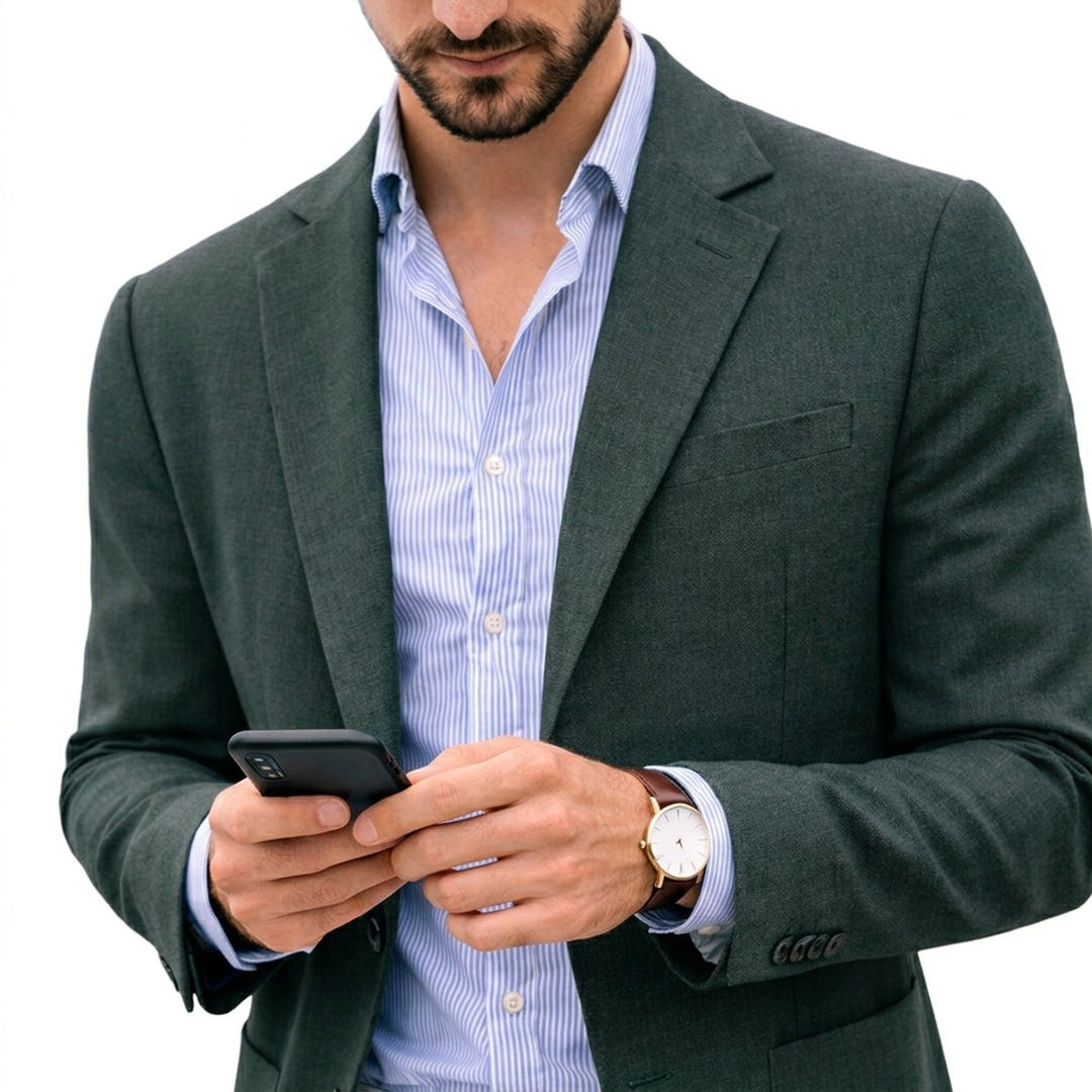 Detalles de solapa y botones del blazer entallado para hombre. Diseño sofisticado que realza la moda masculina.