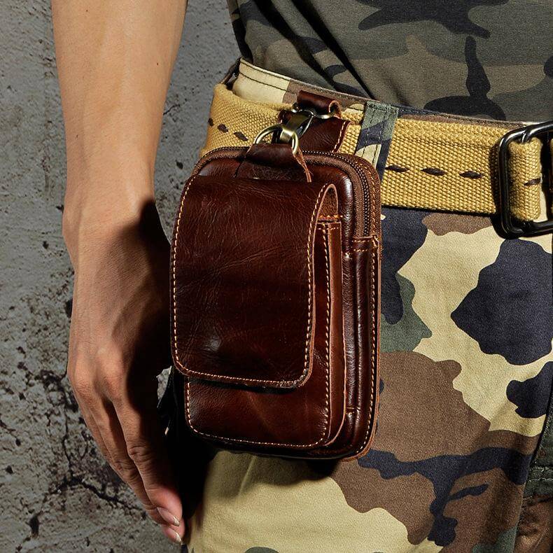Riñonera de viaje para hombre, cuero sintético marrón, con múltiples compartimentos, organizador.