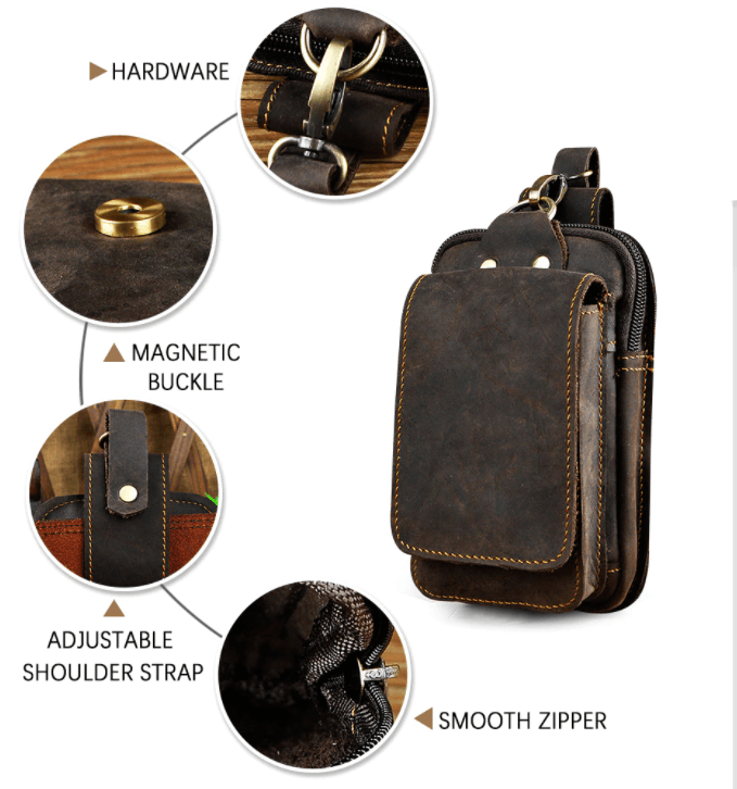 Moderna riñonera de cuero sintético para hombre, color café, versátil para uso diario y viajes.