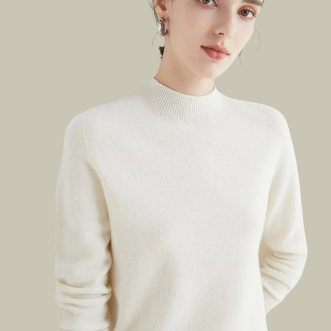 Elegante jersey de punto, cuello alto de lana merina para mujer, color clásico.