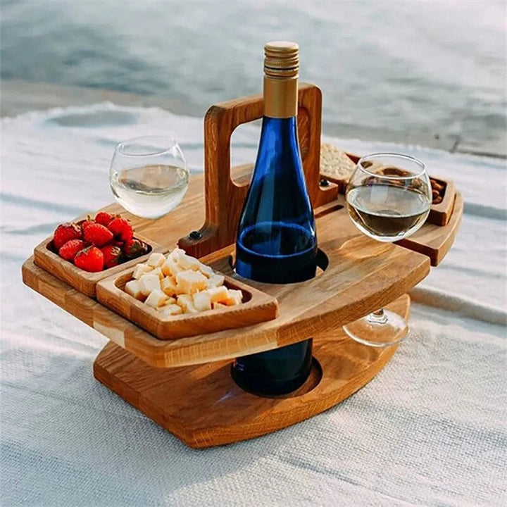 Mesa de picnic plegable portátil de madera para vino y aperitivos. Ideal camping y aire libre.