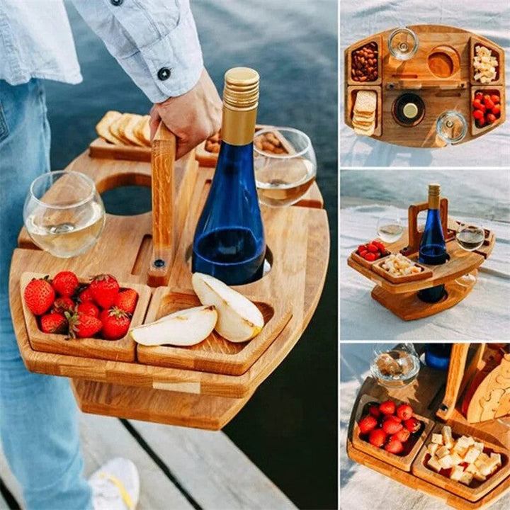 Mesa portátil de madera de pino para picnic, diseñada para vino, copas y aperitivos. Perfecta en jardín.