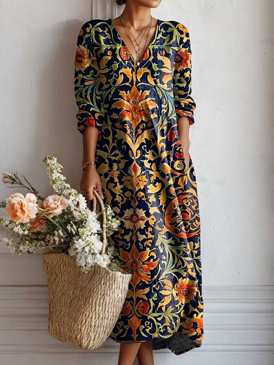 Vestido midi bohemio de mujer con escote en V y estampado barroco. Ideal para verano, casual o elegante.
