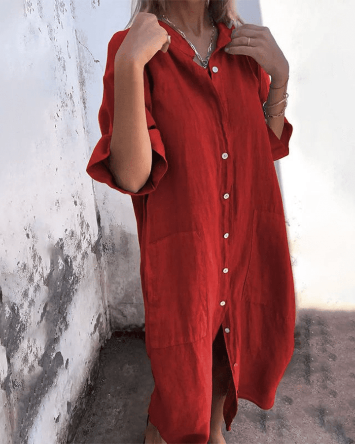 Vestido camisero fresco de verano para mujer, versátil para playa o look casual elegante. Estilo Ibiza.