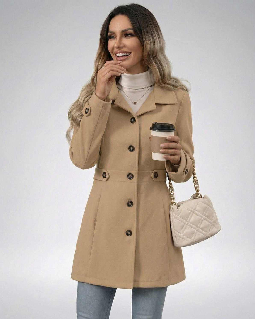 Chaqueta ajustada beige para mujer, perfecta para otoño y primavera, look casual o formal.