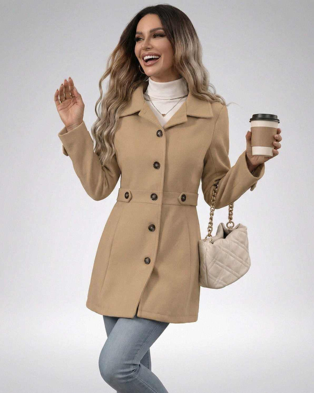 Chaqueta beige ajustada para mujer, diseño elegante, ideal para uso en oficina o eventos casuales.