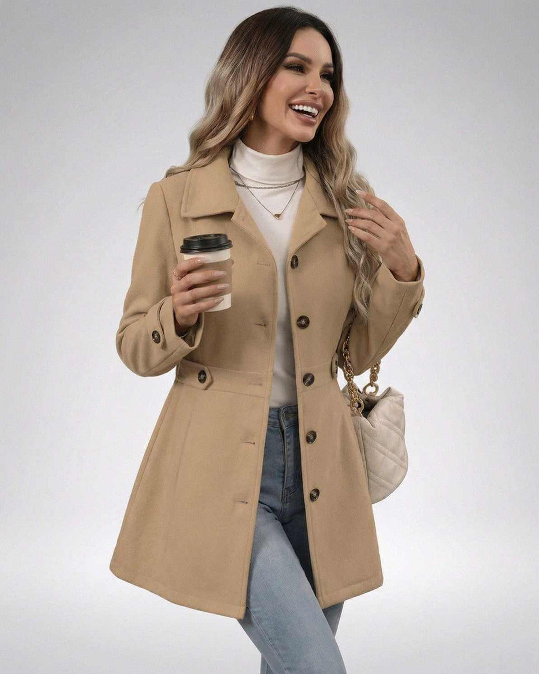 Moda: chaqueta beige elegante mujer, estilo impecable para cualquier ocasión, oficina o casual.