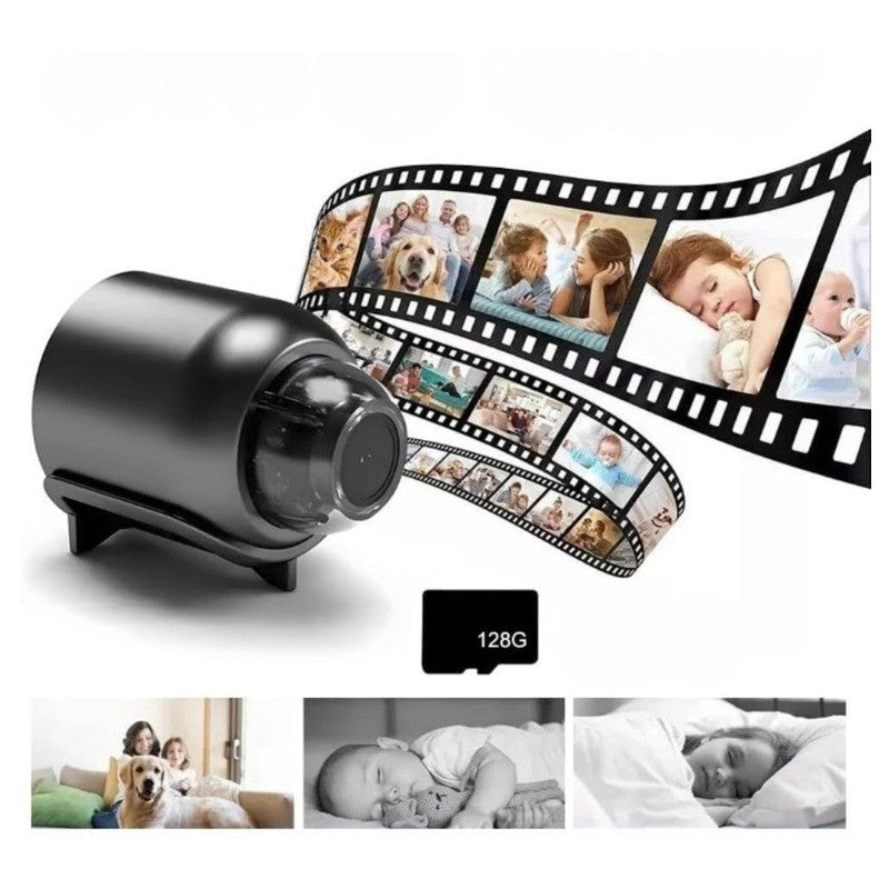 Mini cámara de seguridad HD 1080p inalámbrica con visión nocturna y detección movimiento.