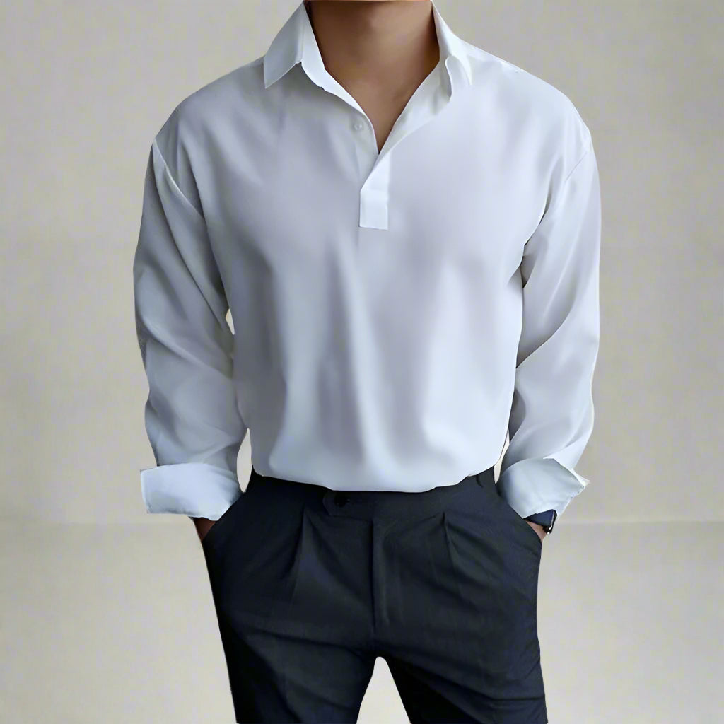 Camisa de hombre manga larga, cuello clásico, estilo refinado y elegante para moda masculina.