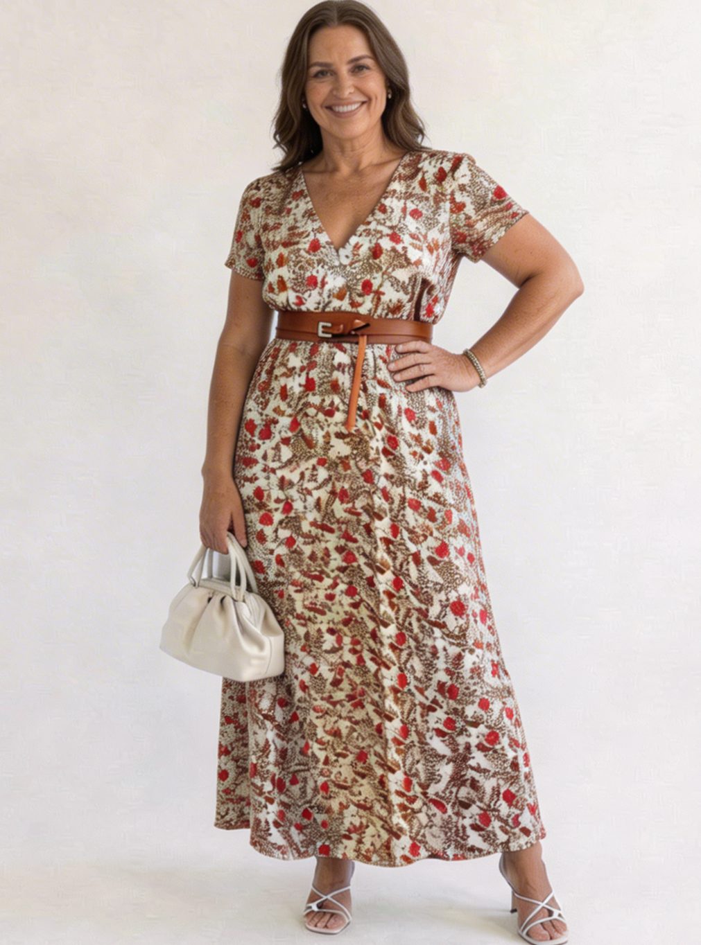 Vestido floral rojo burdeos midi para mujer con escote V pronunciado y manga corta de verano.