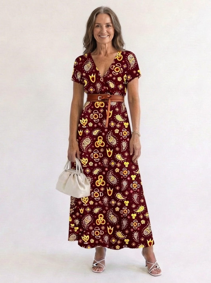Sofisticado vestido midi floral de primavera para mujer, con escote V y manga corta, estilo versátil.